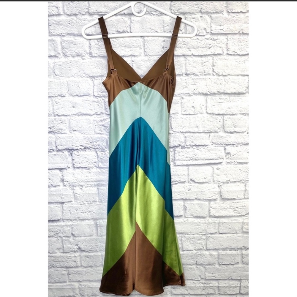 BCBGMaxAzria Women’s Brown & Teal Colorblock Silk Midi Slip Dress